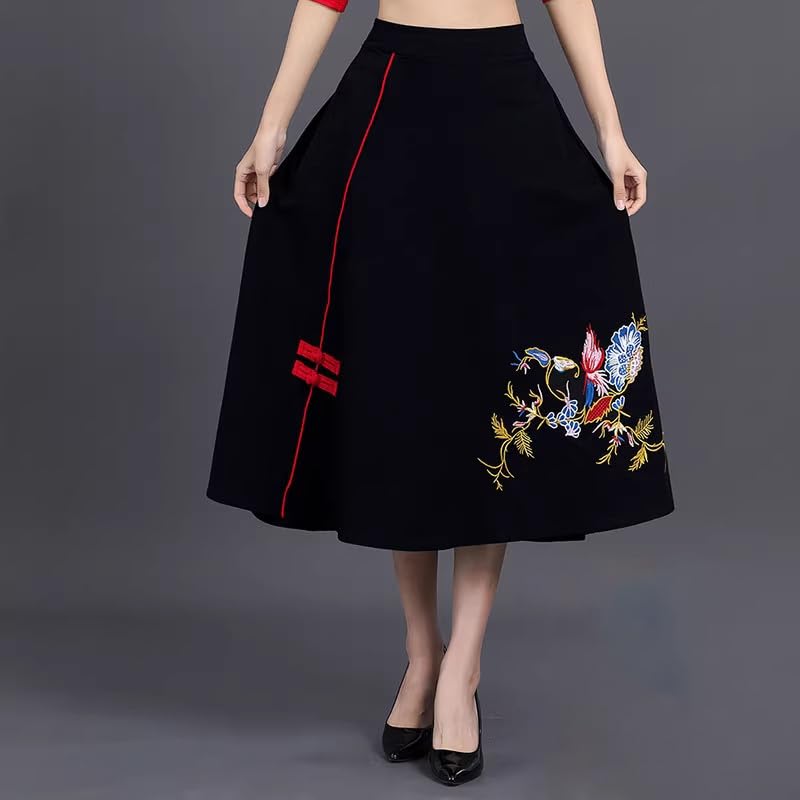 LIXINGHEITANG Autumn Skirt Spring and Summer Waist with Pocket Midlength Embroidered Ethnic Style Womens Black3