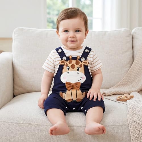 Image of Baby Boy Clothes Striped Romper Cartoon Overall Set 0-18M | Soft Breathable Cotton Romper And Animal Cartoon Overall Shorts Set Offering All-Day Comfort, Daily Wear, Machine Washable