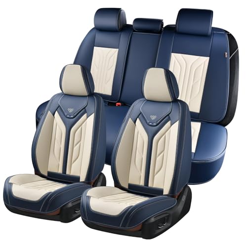 Image of Coverado Car Seat Covers Full Set, Leather Seat Covers for Cars, Automotive Seat Covers Car Seat Protectors Car Accessories Universal Fit for Most Sedans SUV Pick-up Truck(Blue&Beige)