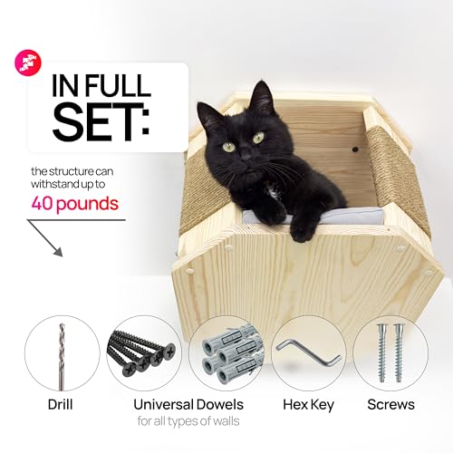 Cama Octagonal para Gatos Colgante de Madera con Poste de Sisal Negro miniatura 3