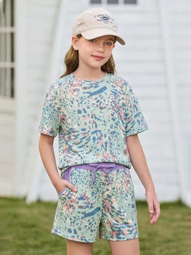 Image of Haloumoning Girls Summer 2 Piece Outfits Kids Oversized T Shirts and Shorts Clothing Sets 5-14 Years