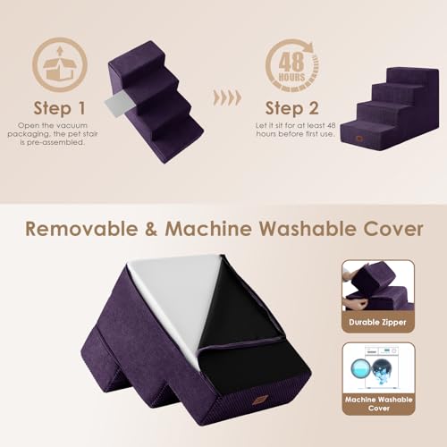 Image of EHEYCIGA Dog Stairs for Bed 20 inch H, 4-Step Extra Wide Dog Steps for High Bed, Pet Steps for Small Dogs and Cats, Non-Slip Balanced Pet Ramp Indoor, Purple