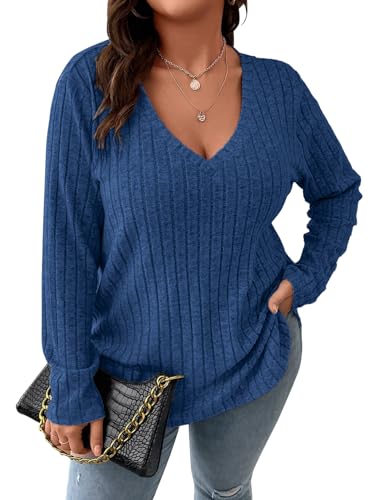 Image of Koscacy Women Plus Size Casual Knit Sweater V Neck Solid Color Tops Lightweight Long Sleeve Blouses