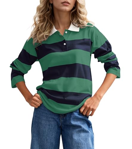 Burtell Fall Striped Polo Long Sleeve Shirts for Women Casual Button Lapel V Neck Color Block Tops Vintage Rugby Shirt Blouse Blue Green