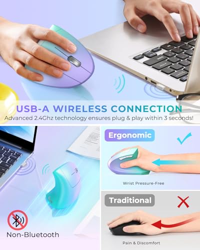 Lekvey Ergonomic Mouse, Vertical Wireless Mouse, Rechargeable 2.4G Optical Carpal Tunnel Mice: 800/1200 / 1600 DPI, 6 Buttons, for Laptop, PC, Computer, Desktop, Notebook etc, Green Purple
