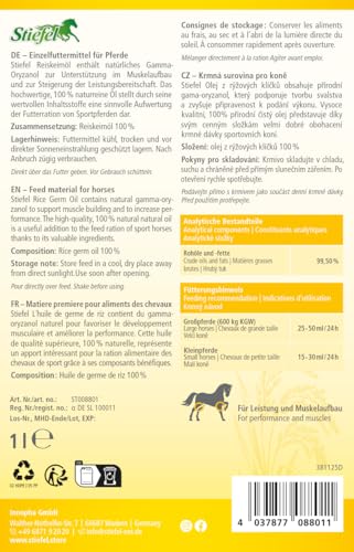 Stiefel Reiskeimöl für Pferde, hochwertiges 100% naturreines Öl, kann den Muskelaufbau & die Leistungsbereitschaft unterstützen, flüssig mit Dosierflasche, 1l