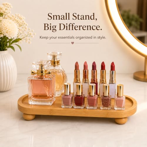 Image of CURATED CART Wooden Display Riser, Pedestal Stand for Bathroom Decor, Kitchen Counter Shelf Spice Rack Organizer, Plant Stand, Display Shelf for Cosmetics (PedaStal-Oval-28CM)