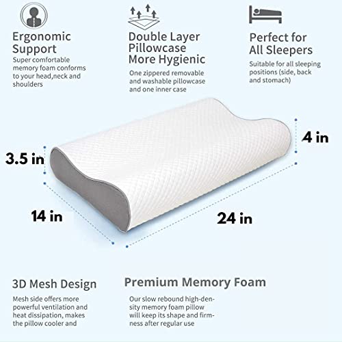 Image of Cervical Contour Memory Foam Pillow for Sleeping,Orthopedic Pillow for Neck Pain, Support for Back,Stomach,Side Sleepers, with Breathable Zip Cover (19X12X4INCH) (White) (Grey)