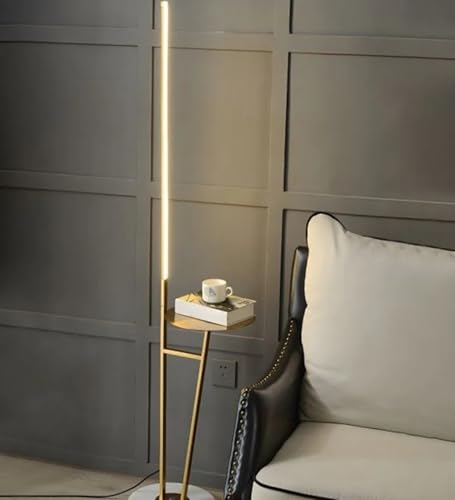 Image of Linear LED Floor Lamp with Shelf for Living Room | Gold Metal Standing Lamp with Vertical Light Bar | Modern Floor Lamp for Bedroom, Corner, Reading & Home Decor