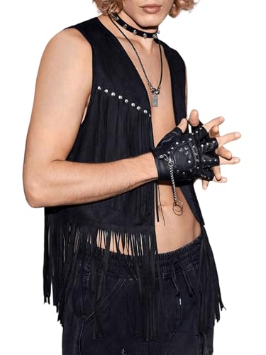 Verdusa Men's Sleeveless V Neck Studded Detail Fringe Trim Open Front Vest Jacket3