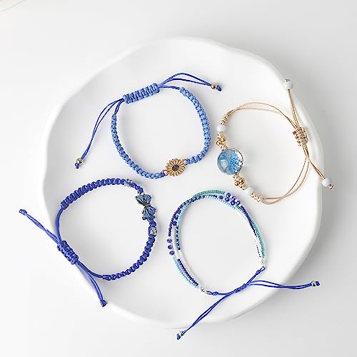 DS 4PCS String beads Charm Bracelets for Teen Girls Dainty cute cartoon Butterfly Daisy Eternal flower Beads Bracelets set for woman and girls Adjustable Stretch bracelet birthday Gift For Friends3