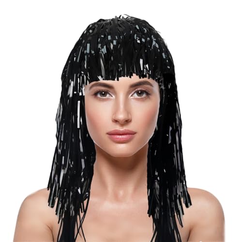 Image of KOLIGHT Shiny Tinsel Hat Wig with Fringe - Colorful Cheerleading Fan Accessory for Holiday Parties, Sports Events & Costume Decorations (black)