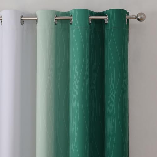 Estelar Textiler Green and Greyish White Gradient Blackout Curtains 102 Inches Long for Bedroom, Thermal Insulated Full Room Darkening Ombre Gray Grommet Drapes for Living Room, 52Wx102L, 2 Panels