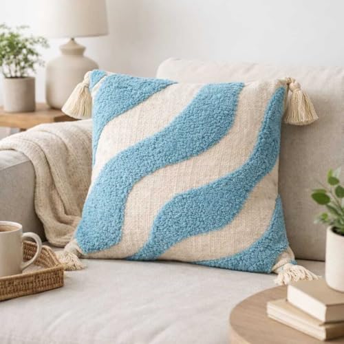 Image of Cushion Cover Pack of 3 (16x16 Inches) | Cotton Textured Decorative Throw Pillow Case for Sofa Bed Living Room Tufted Cushion Cover with Tassels (Blue & Off White)