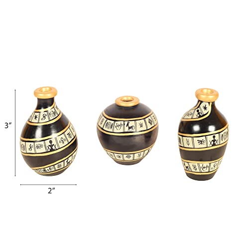 Image of Aakriti Art Creations Black Spiral Terracotta Miniature Decor Vases Set of 3 | Hand-Painted Warli Art Black & Gold | Matte Finish Decorative for Living Room, Table Decor & Gifting