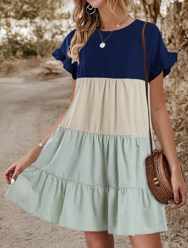 Image of Chuanqi Womens Ruffles Boho Floral Printed Babydoll Loose Swing Casual Short Mini T-Shirt Dress