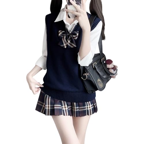 [Formemory] スクールベスト 女子 学生 制服 ニットベスト Vネック ニットセーター ノースリーブ 袖なし 重ね着 ふわふわ 綿 ゆったり 丈夫 薄手 無地 可愛い お洒落 通学 通勤 高校生 中学生 学院風 男女兼用 10色 (JP, アルファベット, L, 紺色)