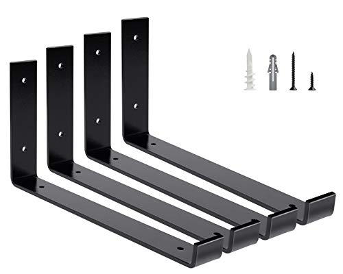 Future Way Shelf Brackets for 12 inch Standard Board 4-Pack Black Sturdy Iron Metal J Bracket for DIY Open Shelving