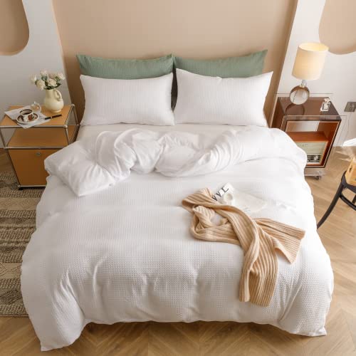 Weigelia Microfiber Queen Comforter Set, White Waffle Comforter Set 3Pcs Soft Lightweight Bed Comforter For All Season #TOP3