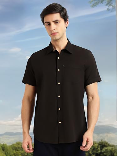 Image of Thomas Scott Men's Premium Slim Fit Casual Shirt | 100% Cotton Twill | Short Sleeves | Spread Collar | Solid Smart Casual Shirt for Men