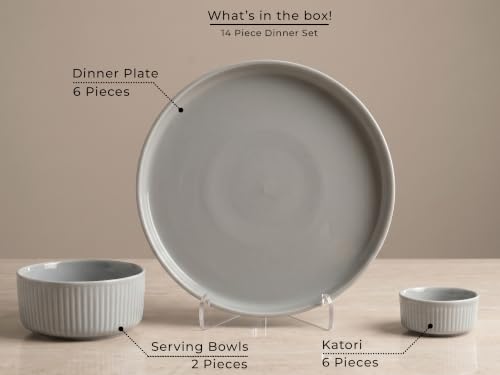 Image of Bodhi House 14-Piece Ribbed Porcelain Dinner Set for 6 | 6 Dinner Plates, 6 Katori & 2 Serving Bowls, Lightweight Microwave & Dishwasher Crockery Set for Home & Gifting, Pearl Grey
