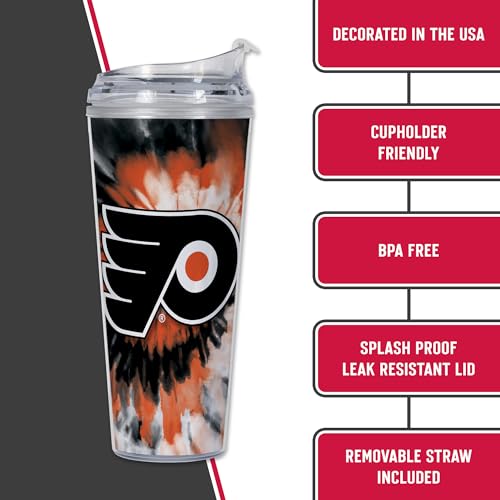 Image of Rico Industries NHL Hockey Team Color Tie Dye 24oz Metallic Acrylic Tumbler with Hinged Lid, Officially Licensed Double Wall Tumbler with Straw