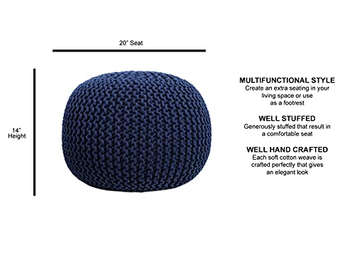 Frelish Decor Round Pouf Ottoman Hand Knitted Cotton Poufs Footrest,Foot Stool, Knit Bean Bag Floor Chair For Bed Room Living | Room | Accent Seat | Boho Decor | Stuffed Pouffe (20X20X14 Inch, Navy) #TOP2