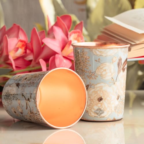 Image of INDIAN ART VILLA Copper Gold Print Design Glass - 275 ML, Ayurvedic Copper Drinkware for Daily Use, Elegant Handcrafted Water Glass for Home, Office, and Gifting, Set of 2