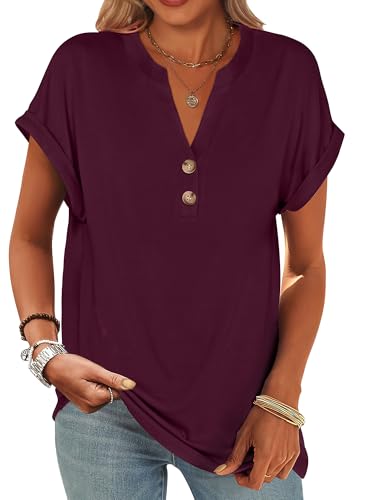 Image of ANRABESS Womens Short Sleeve Henley Tops V Neck Dressy Casual Blouses Summer Trendy Tee Shirts 2026 Vacation Fashion Clothes