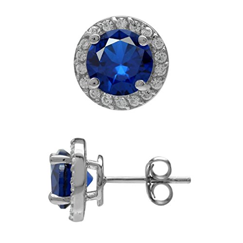 Silvershake 7mm Round Shape Synthetic Sapphire Blue and White Cubic Zirconia 925 Sterling Silver Halo Stud Earrings