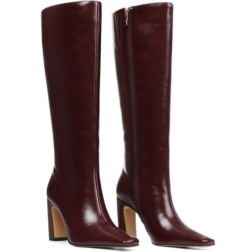 Image of Lovee Cosee Knee High Boots for Women Square Toe Chunky Heeled Boots with Side Zipper Fashion Dress Elastic Tall Boots