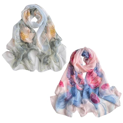 Fuxiqar 2 Pack Scarves for Women Lightweight Thin Shawl – Floral Print Fashion Wraps Summer Scarf for Travel Beach Daily Use