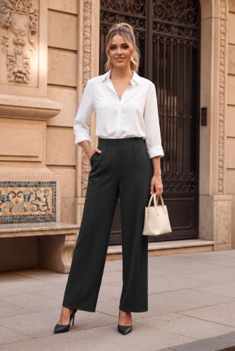 WIHOLL Wide Leg Dress Pants for Women High Waisted Work Trousers Business Casual Slacks Palazzo Pants Black — view 3