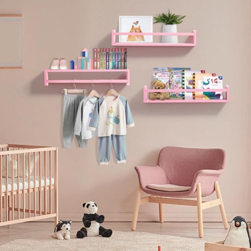 Image of WooDinto Wall Shelves for Living Room, Bedroom | Wall Mounted Shelf | Wall Hanging Storage Unit | Wall Organiser Shelf (Floating Set of 3 - Pink - 24 Inch)