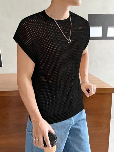 Verdusa Men's Hollow Out Round Neck Sweater Cap Sleeve Casual Knit Top4