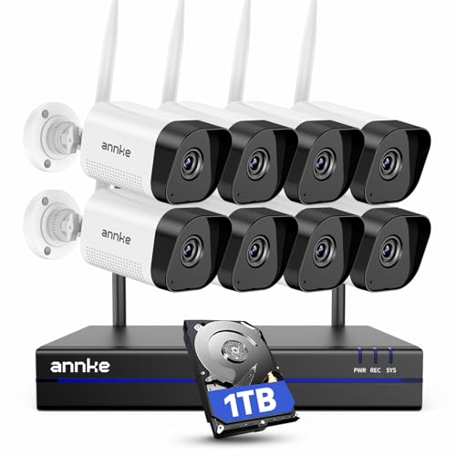 ANNKE Kit Videosorveglianza WiFi, 4K/8MP NVR 16CH 1TB e 8x 3MP Telecamere Esterne Wireless, Rlevamento Movimento Alarm, Audio Bidirezionale, Visione Notturna IR 100ft, Registrazione 24/7, IP66