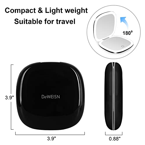 deweisn Lighted Travel Makeup Mirror - Compact 1X/10X Double-Sided Dimmable Pocket Mirror with USB Charging (Black)