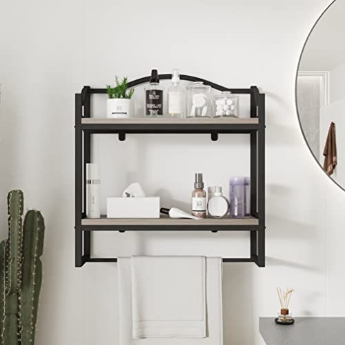 Dr.iron Black Wall Bathroom Shelves With Towel Holder,Industrial Wall Shelves For Bathroom Floating Shelves Towel Racks Storage Shelf Rack(2-Tier) (Black Bracket & Gray Shelves) #TOP5