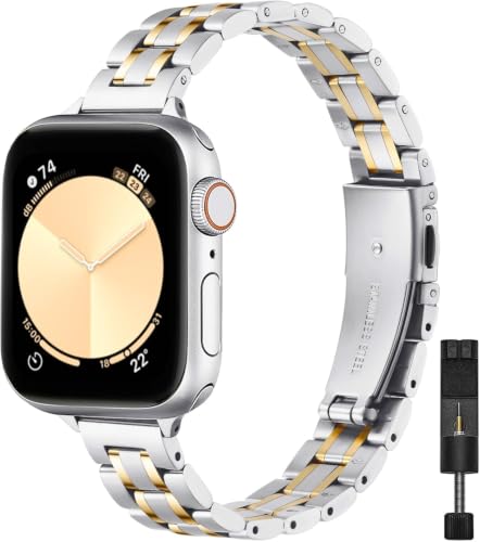 STIROLL Thin Replacement Band Compatible for Apple Watch 38mm 40mm 41mm 42mm(Series 11 10) Stainless Steel Metal Wristband Women Men for iWatch Ultra SE Series 9 8 7 6 5 4 3 2 1 Silver Gold