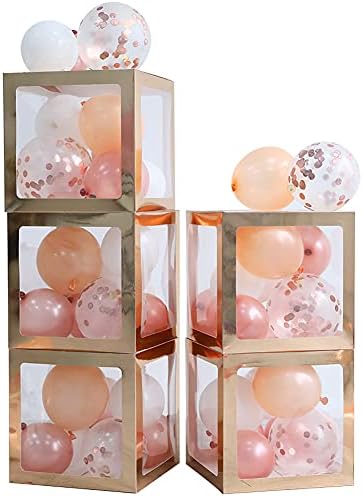 Rose Gold Balloon Boxes Set of 5 Transparent Block Boxes Clear Block Boxes Backdrop with 41 Balloons for Bridal Shower Wedding Anniversary Bachelorette Birthday Party Decor