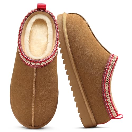 Evshine Women’s Genuine Suede Slippers, Fuzzy Warm House Shoes for Indoor Outdoor, Great Gift for Winter Comfort, Chestnut 39（8）