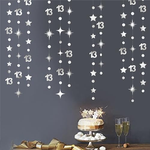 Image of Silver 13th Birthday Decorations Number 13 Circle Dot Twinkle Star Garland Metallic Hanging Streamer Bunting Banner Backdrop Girls Boys 13 Years Old Birthday Thirteen Official Teenager Party Supplies
