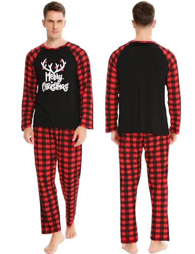 SWOMOG Matching Couples Christmas Pajamas Set Women & Men Plaid Pants Loungewear and Printed Long Sleeve Pjs Top4