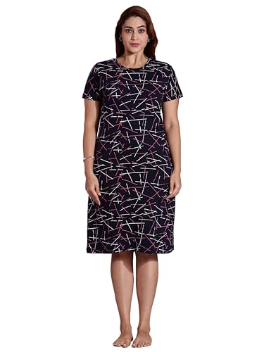 Image of 9shines Label Hosiery Cotton Knee Length Short Night Dress | Short Nighty for Women with Pocket | Graphic Print Nightwear | Night Gown for Women (M-7XL)