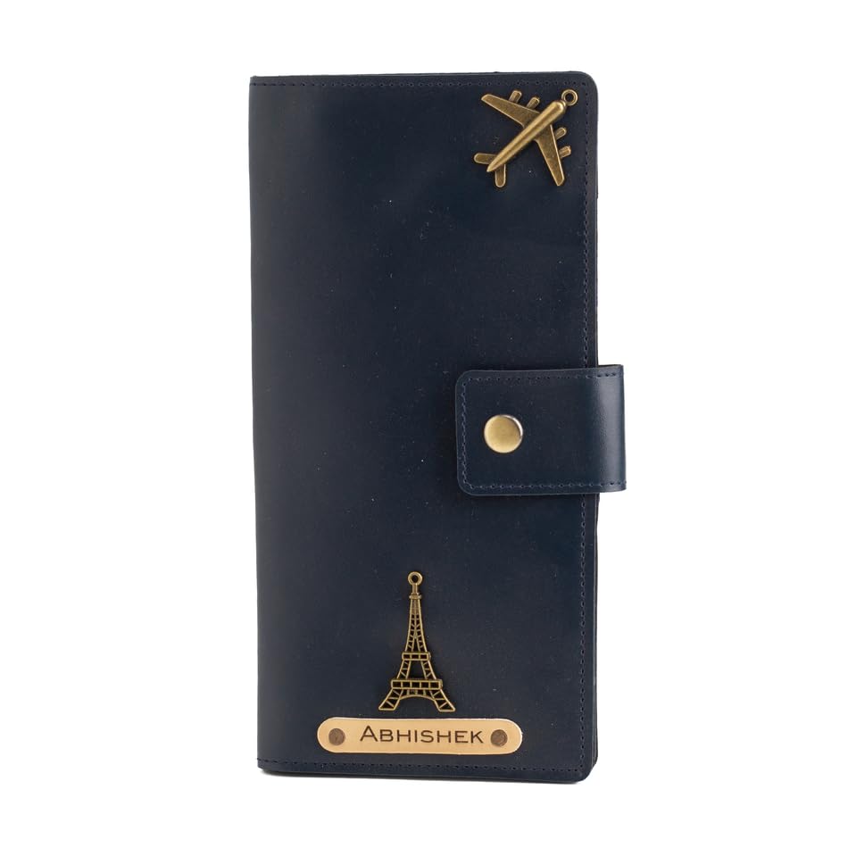 Personalized Name & Charm Long Leather Wallet Passport Cover (Navy Blue) with Boarding Pass Holder Currency Card Slot & Coin Holder for Men & Women | Travel Gifts for Men Boys Husband Dad Bro
