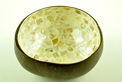 tazón de coco hecho a mano decorativo tazón de fuente de madera natural redondo frutas dulces cuencos laca brillante con incrustaciones de concha de mar crema marrón H024