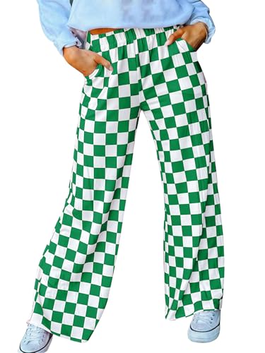 IYOWEL Womens Checkered Pants Y2K Pajama Pants Elastic Waist Wide Leg Lounge Pants Comfy Pj Bottoms with Pockets Loungewear Green White M