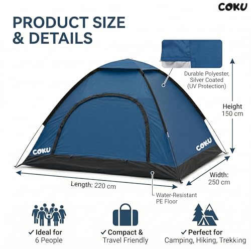 Image of Coku Camping Tent for 6 Persons, Lightweight Backpacking Dome Tent with Mosquito Net, Waterproof Outdoor Tent, Easy Setup for Camping, Hiking, Trekking, Picnic, Travel (6 Person Tent)