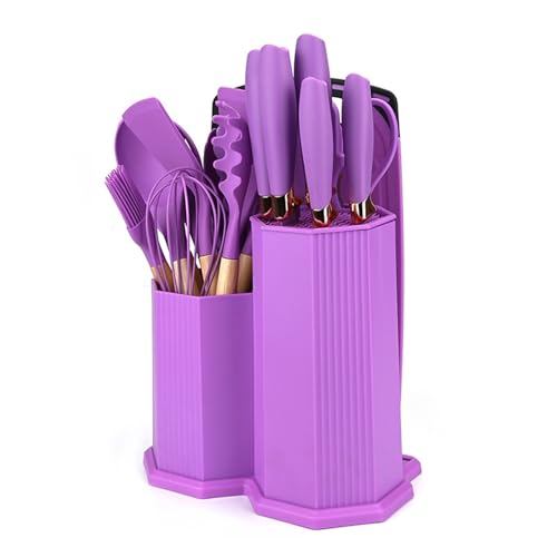 19 点のキッチン用品とナイフセットの内容: シリコン製調理器具 9 点、鋭いステンレススチール製シェフナイフ 5 点、はさみ、泡立て器、トング、まな板。, Purple