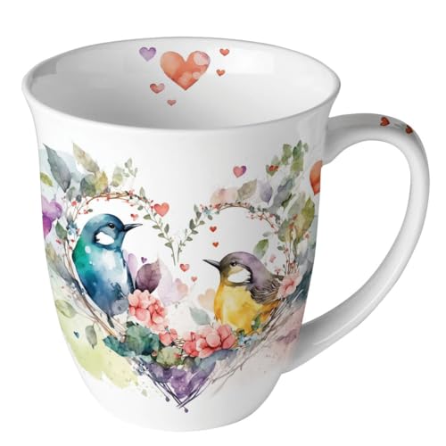 Ambiente Tasse avec motifs d'animaux - Oiseaux amoureux au cœur - En porcelaine - Pour la table dressée et comme cadeau - 0,4 l x H 10,5 cm